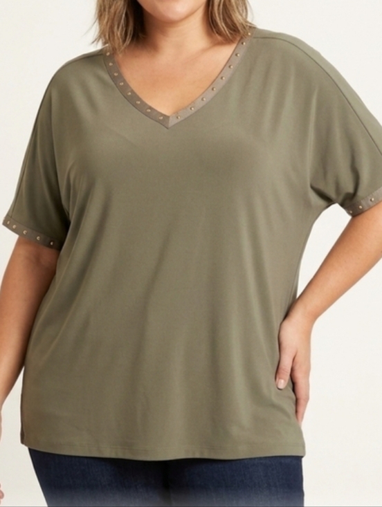 Joseph Ribkoff Tops - Joseph Ribkoff Olive Green Stud Trim V-Neck Top 16+
